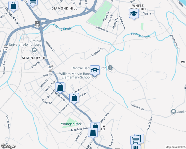 map of restaurants, bars, coffee shops, grocery stores, and more near 1730 Seabury Avenue in Lynchburg