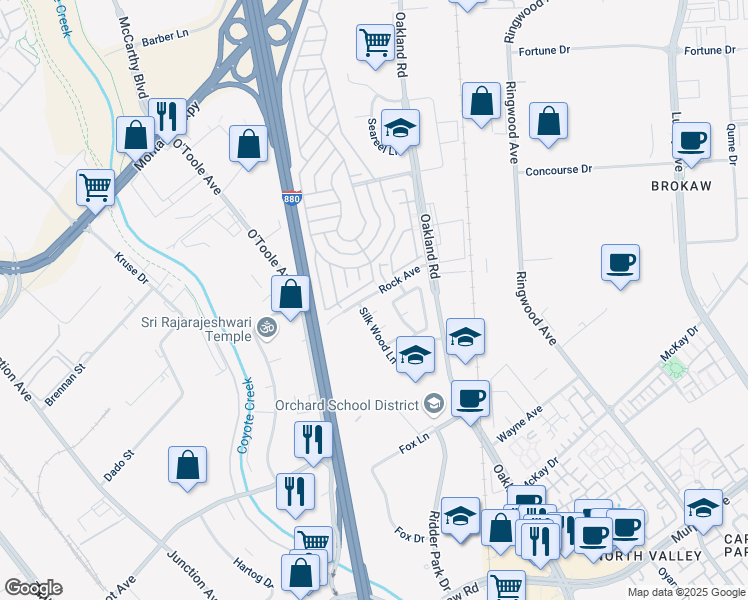 map of restaurants, bars, coffee shops, grocery stores, and more near 1031 Mapleton Court in San Jose
