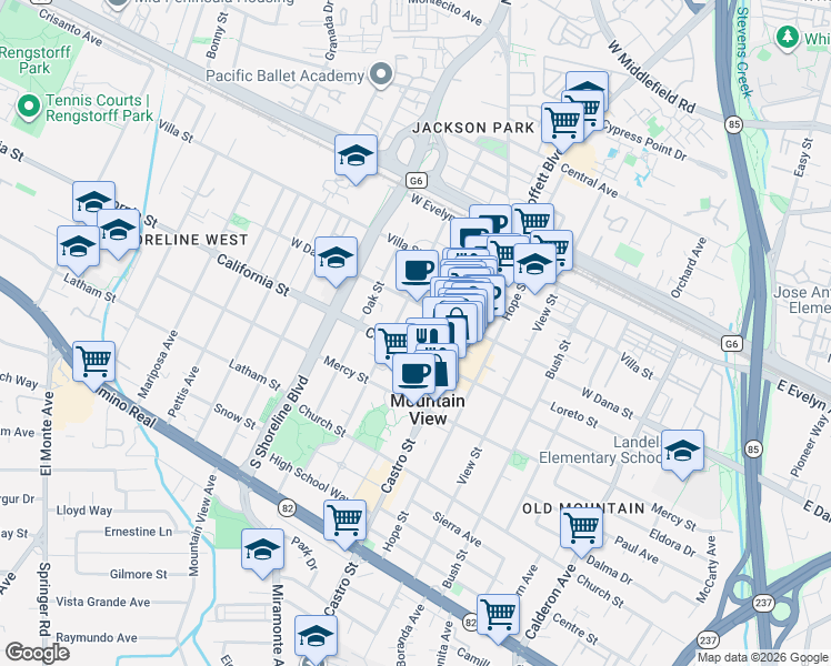 map of restaurants, bars, coffee shops, grocery stores, and more near 956 California Street in Mountain View
