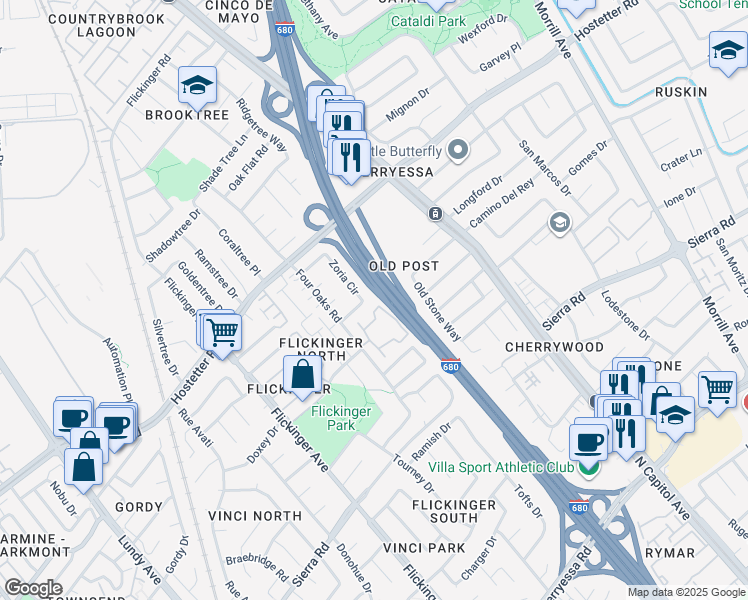map of restaurants, bars, coffee shops, grocery stores, and more near 1488 Four Oaks Circle in San Jose