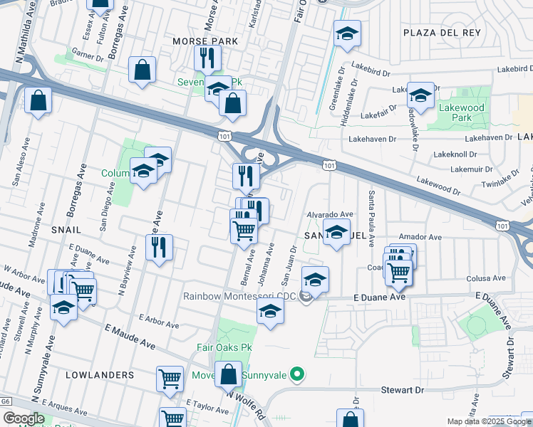 map of restaurants, bars, coffee shops, grocery stores, and more near 642 Blythe Court in Sunnyvale