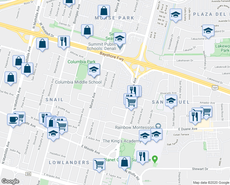 map of restaurants, bars, coffee shops, grocery stores, and more near 613 San Conrado Terrace in Sunnyvale