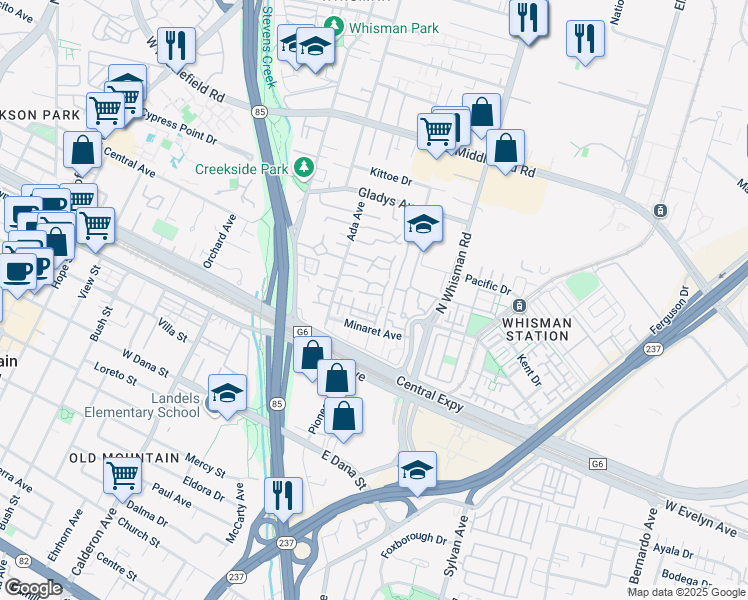 map of restaurants, bars, coffee shops, grocery stores, and more near 142 Avellino Way in Mountain View