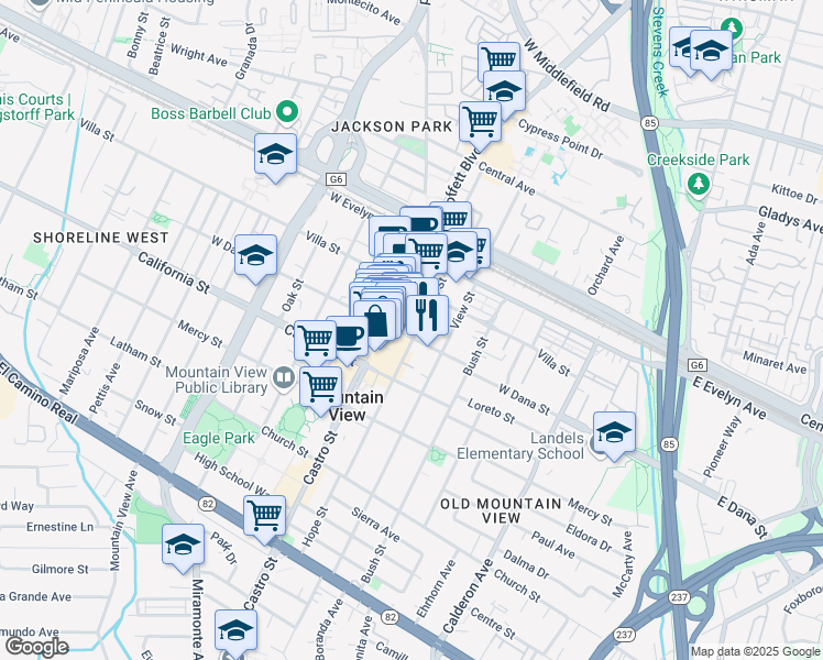 map of restaurants, bars, coffee shops, grocery stores, and more near 705 West Dana Street in Mountain View