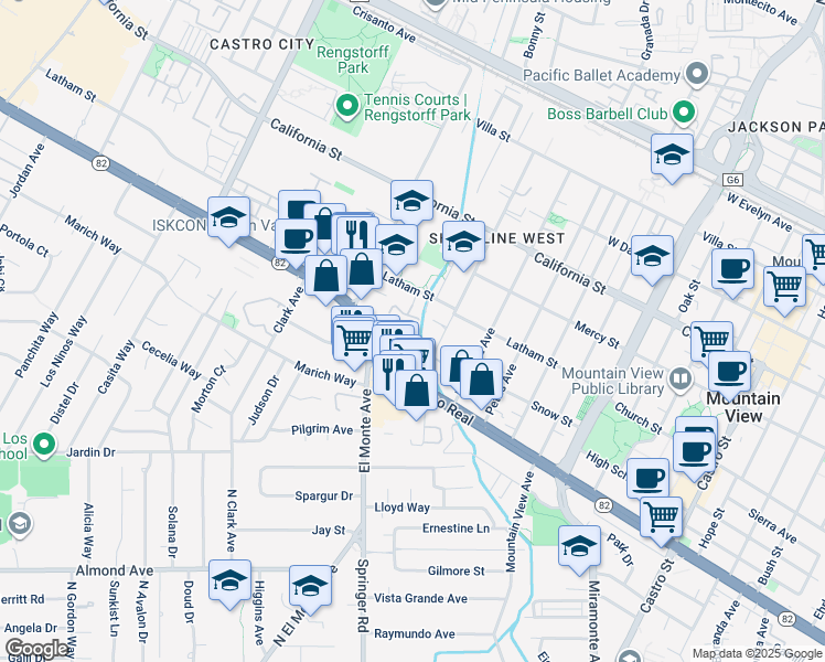 map of restaurants, bars, coffee shops, grocery stores, and more near 688 Chiquita Avenue in Mountain View