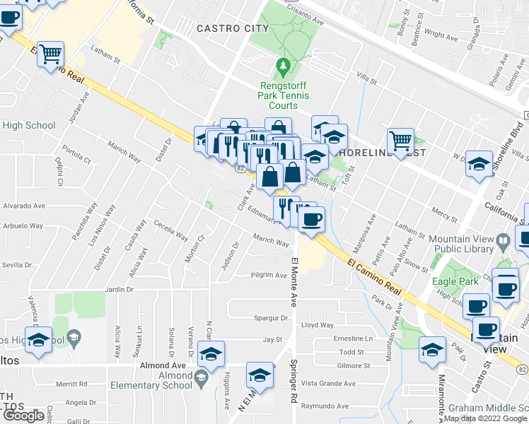 map of restaurants, bars, coffee shops, grocery stores, and more near 1875 Ednamary Way in Mountain View