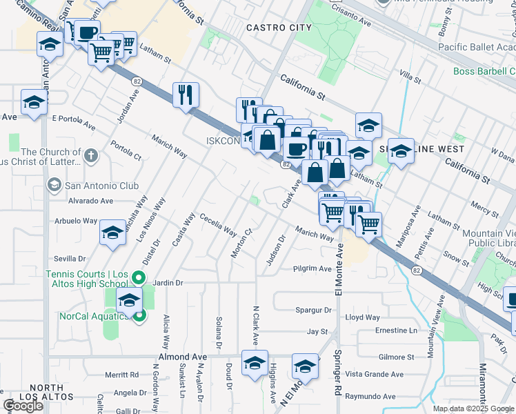 map of restaurants, bars, coffee shops, grocery stores, and more near 1036 Ashley Place in Mountain View