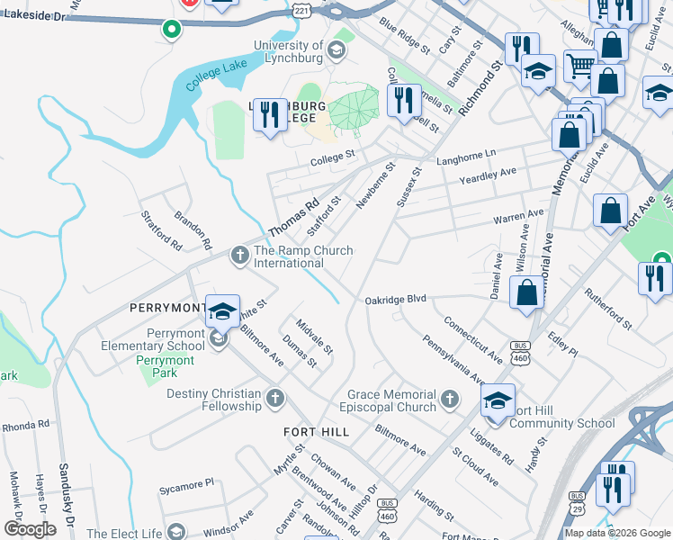map of restaurants, bars, coffee shops, grocery stores, and more near 712 McCausland Street in Lynchburg
