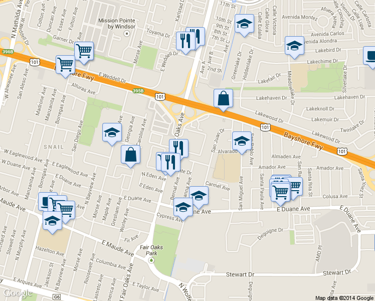 map of restaurants, bars, coffee shops, grocery stores, and more near 642 Blythe Court in Sunnyvale