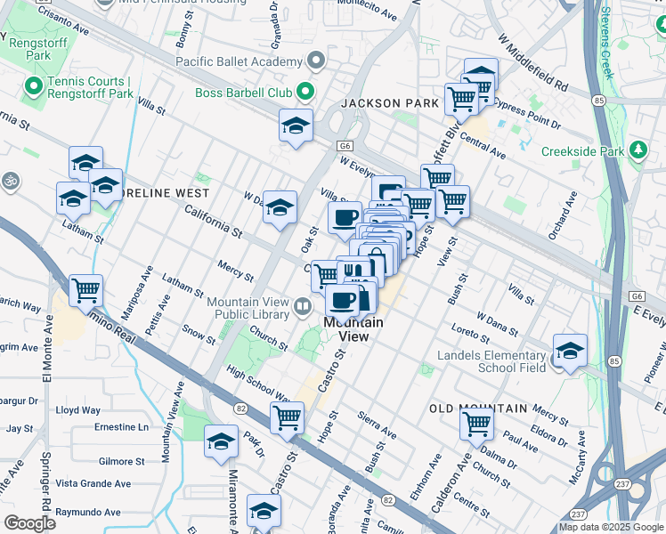 map of restaurants, bars, coffee shops, grocery stores, and more near 956 California Street in Mountain View