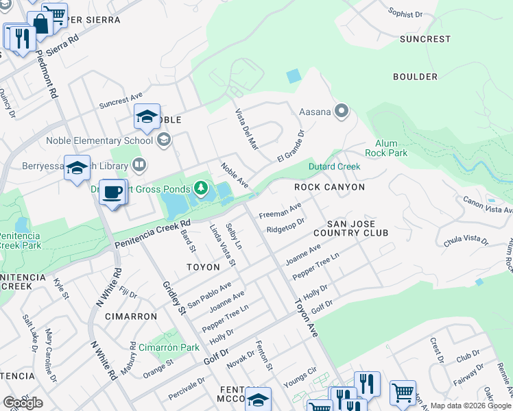 map of restaurants, bars, coffee shops, grocery stores, and more near 14884 Penitencia Creek Road in San Jose