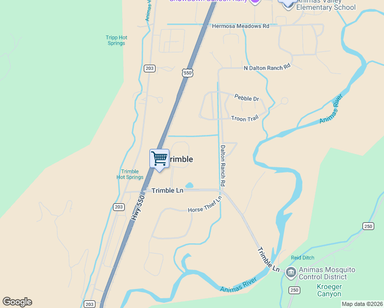 map of restaurants, bars, coffee shops, grocery stores, and more near 208 Trimble Crossing Drive in Durango