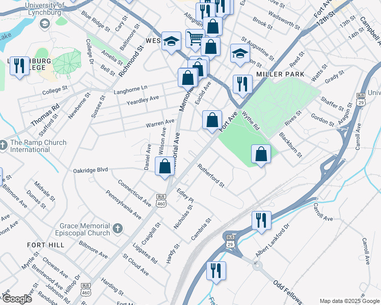 map of restaurants, bars, coffee shops, grocery stores, and more near 3463 Fort Avenue in Lynchburg