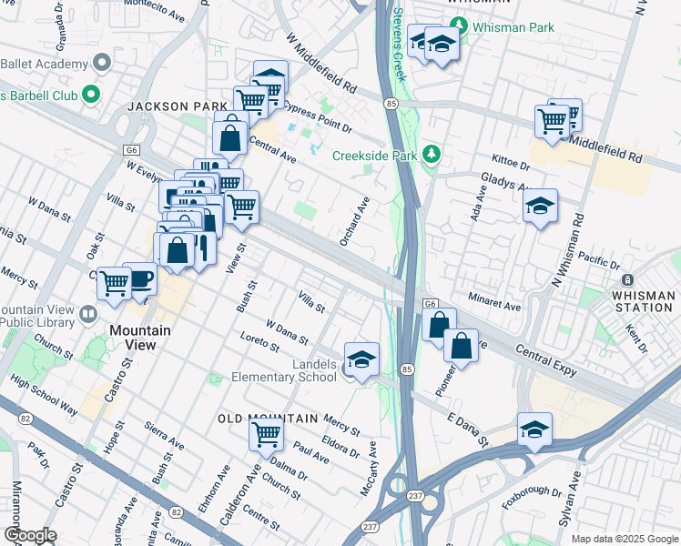 map of restaurants, bars, coffee shops, grocery stores, and more near 100 Calderon Avenue in Mountain View