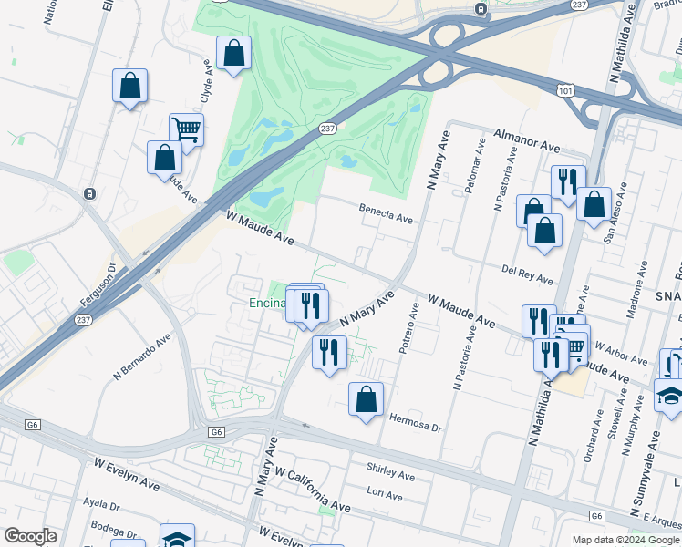 map of restaurants, bars, coffee shops, grocery stores, and more near 950 West Maude Avenue in Sunnyvale