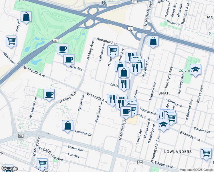 map of restaurants, bars, coffee shops, grocery stores, and more near 575 N Pastoria Ave in Sunnyvale
