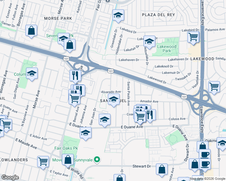 map of restaurants, bars, coffee shops, grocery stores, and more near 777 San Miguel Avenue in Sunnyvale