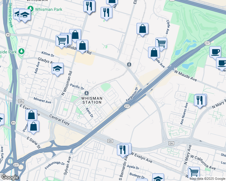 map of restaurants, bars, coffee shops, grocery stores, and more near 143 Orbit Way in Mountain View
