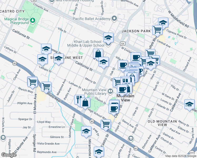 map of restaurants, bars, coffee shops, grocery stores, and more near 460 Oak Street in Mountain View