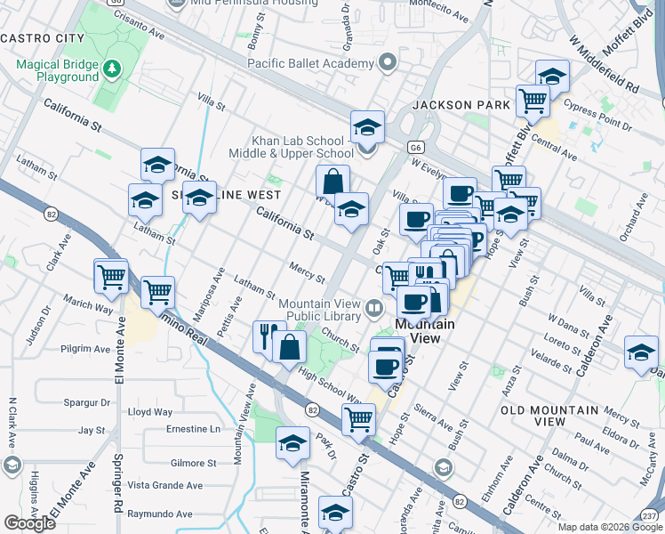 map of restaurants, bars, coffee shops, grocery stores, and more near 460 Oak Street in Mountain View