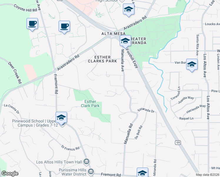 map of restaurants, bars, coffee shops, grocery stores, and more near 26140 Robb Road in Los Altos Hills