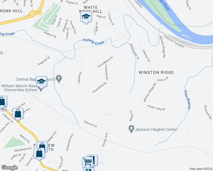 map of restaurants, bars, coffee shops, grocery stores, and more near 844 Greenfield Drive in Lynchburg