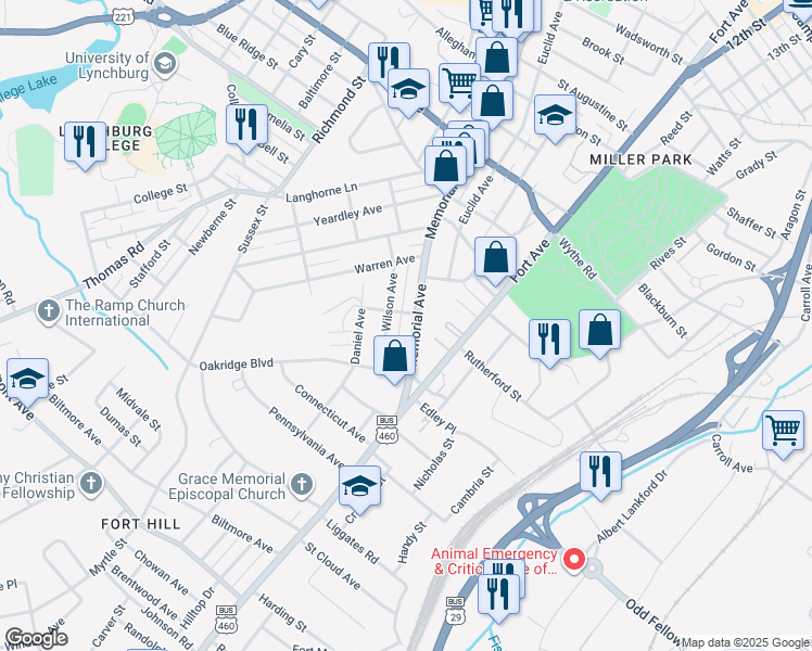 map of restaurants, bars, coffee shops, grocery stores, and more near 3410 Wilson Avenue in Lynchburg