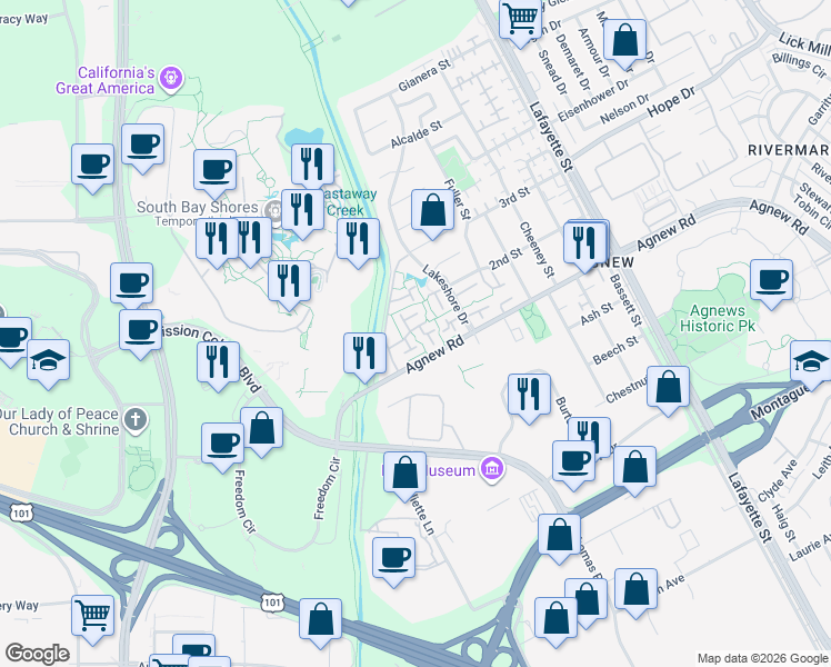 map of restaurants, bars, coffee shops, grocery stores, and more near 4254 Erie Court in Santa Clara