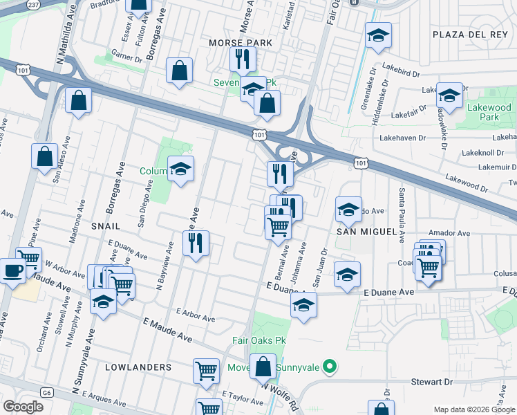 map of restaurants, bars, coffee shops, grocery stores, and more near 702 San Conrado Terrace in Sunnyvale