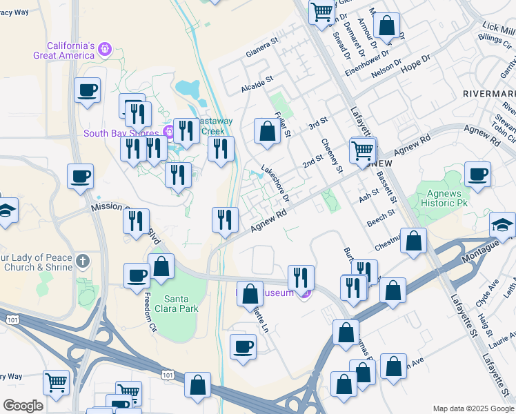 map of restaurants, bars, coffee shops, grocery stores, and more near 4254 Erie Court in Santa Clara