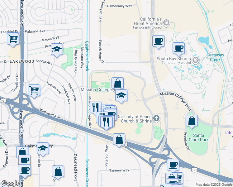 map of restaurants, bars, coffee shops, grocery stores, and more near 3000 Mission College Boulevard in Santa Clara
