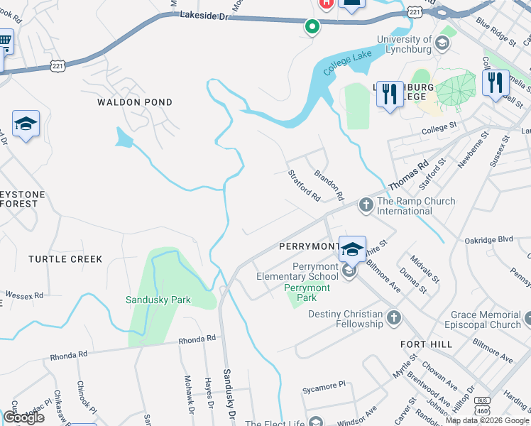 map of restaurants, bars, coffee shops, grocery stores, and more near 4624 Ferncliff Drive in Lynchburg