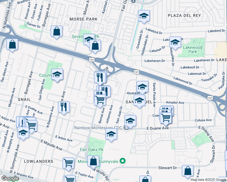 map of restaurants, bars, coffee shops, grocery stores, and more near 613 Arcadia Terrace in Sunnyvale