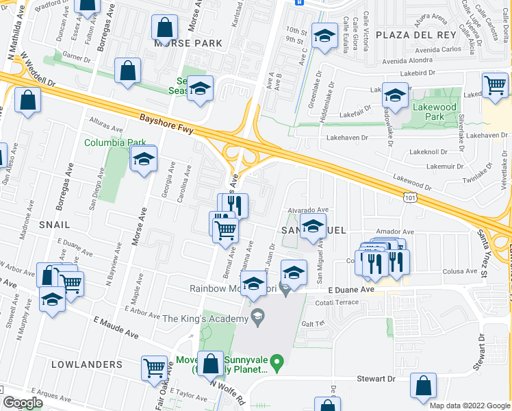 map of restaurants, bars, coffee shops, grocery stores, and more near 613 Arcadia Terrace in Sunnyvale