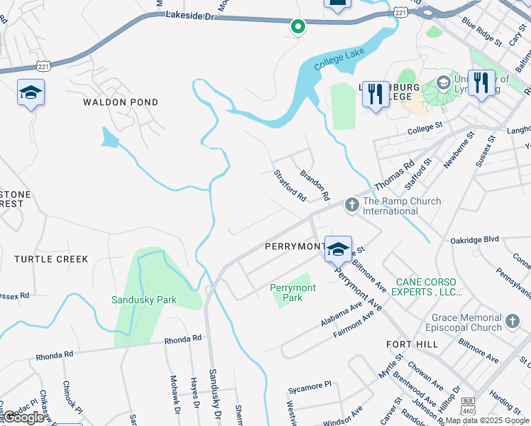 map of restaurants, bars, coffee shops, grocery stores, and more near 4605 Ferncliff Drive in Lynchburg