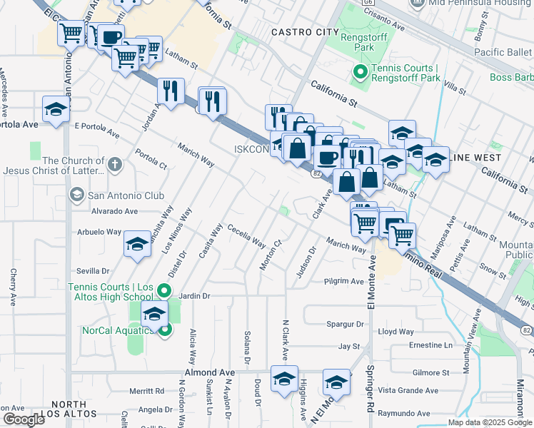 map of restaurants, bars, coffee shops, grocery stores, and more near 1013 Karen Way in Mountain View