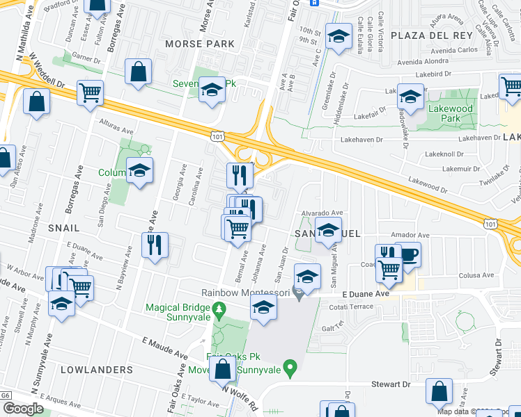 map of restaurants, bars, coffee shops, grocery stores, and more near 609 Arcadia Terrace in Sunnyvale