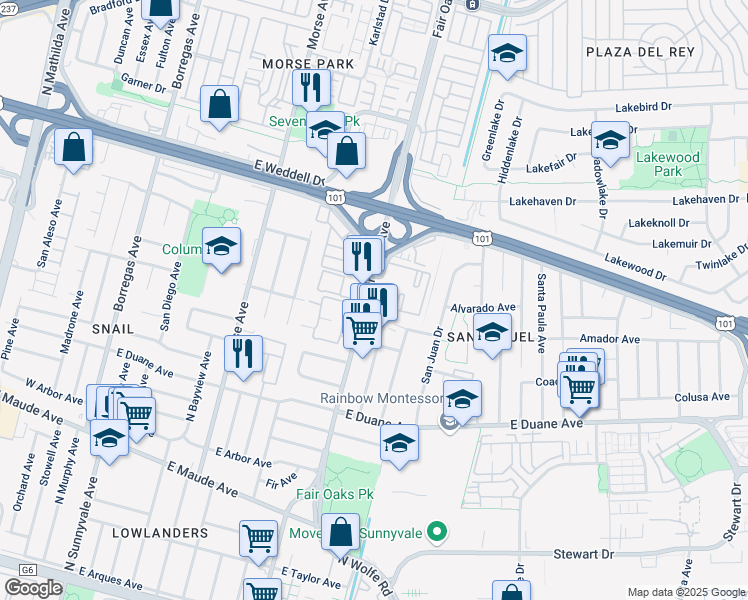 map of restaurants, bars, coffee shops, grocery stores, and more near 601 Arcadia Terrace in Sunnyvale