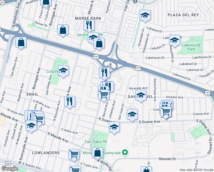 map of restaurants, bars, coffee shops, grocery stores, and more near 642 Blythe Court in Sunnyvale