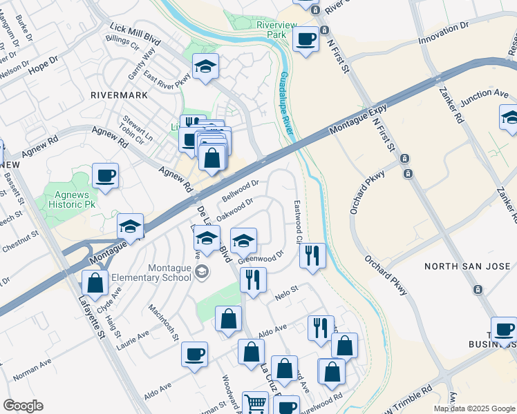 map of restaurants, bars, coffee shops, grocery stores, and more near 3763 Edgefield Drive in Santa Clara