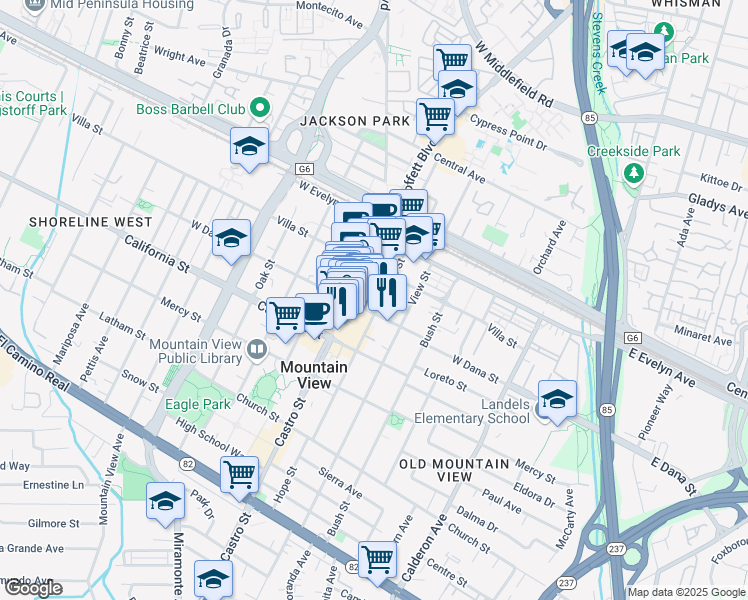 map of restaurants, bars, coffee shops, grocery stores, and more near 705 West Dana Street in Mountain View
