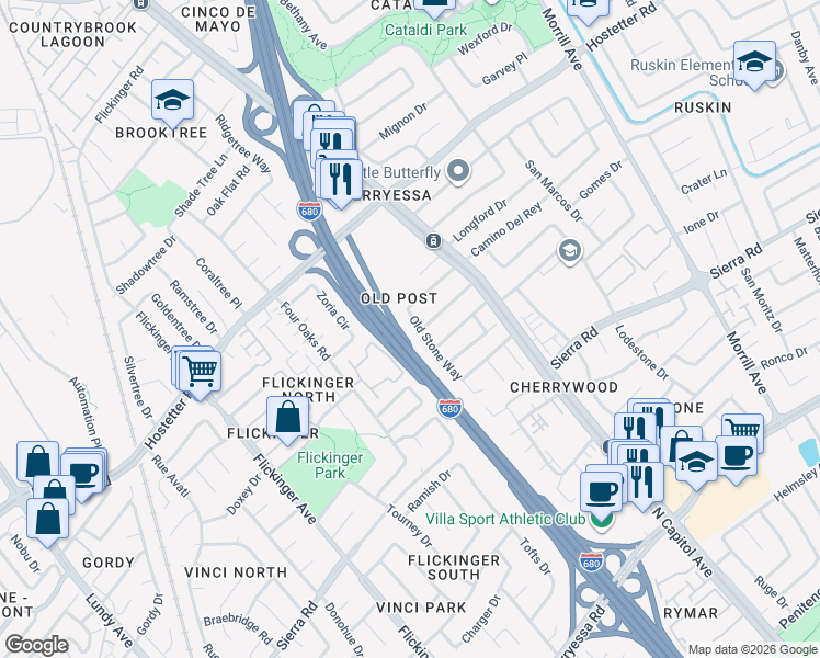 map of restaurants, bars, coffee shops, grocery stores, and more near 1452 Four Oaks Circle in San Jose