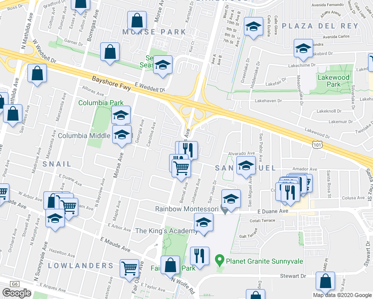 map of restaurants, bars, coffee shops, grocery stores, and more near 642 Blythe Court in Sunnyvale