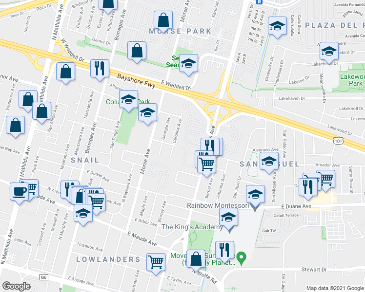 map of restaurants, bars, coffee shops, grocery stores, and more near 613 San Conrado Terrace in Sunnyvale