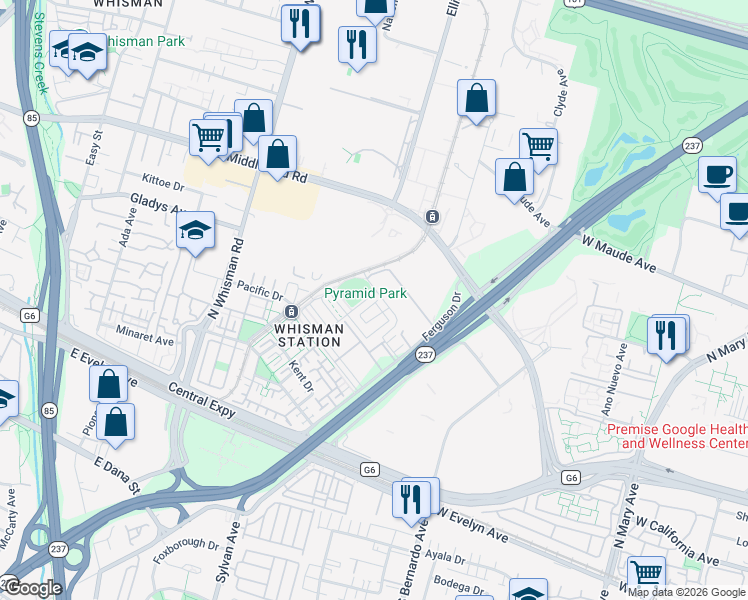 map of restaurants, bars, coffee shops, grocery stores, and more near 143 Orbit Way in Mountain View