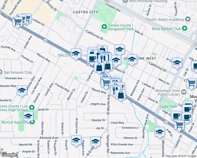 map of restaurants, bars, coffee shops, grocery stores, and more near 1755 Ednamary Way in Mountain View