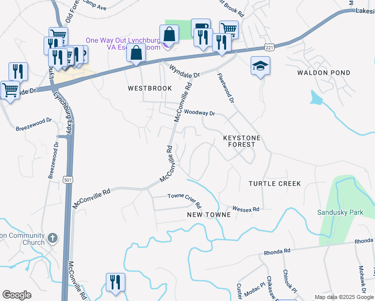 map of restaurants, bars, coffee shops, grocery stores, and more near 300 McConville Road in Lynchburg
