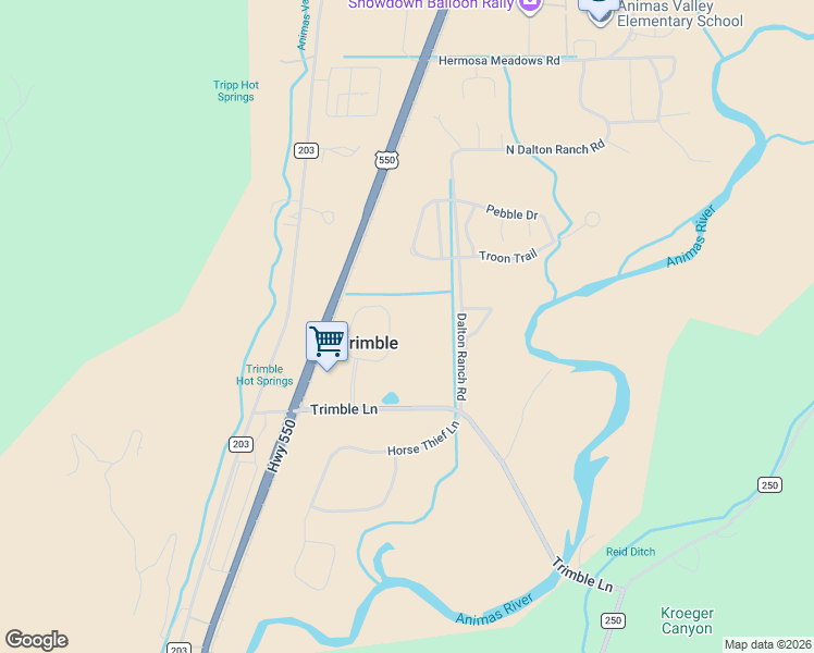 map of restaurants, bars, coffee shops, grocery stores, and more near 208 Trimble Crossing Drive in Durango
