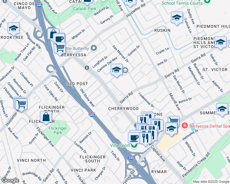 map of restaurants, bars, coffee shops, grocery stores, and more near 2423 Stearman Lane in San Jose
