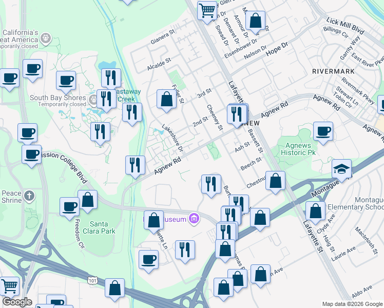 map of restaurants, bars, coffee shops, grocery stores, and more near 2200 Agnew Road in Santa Clara